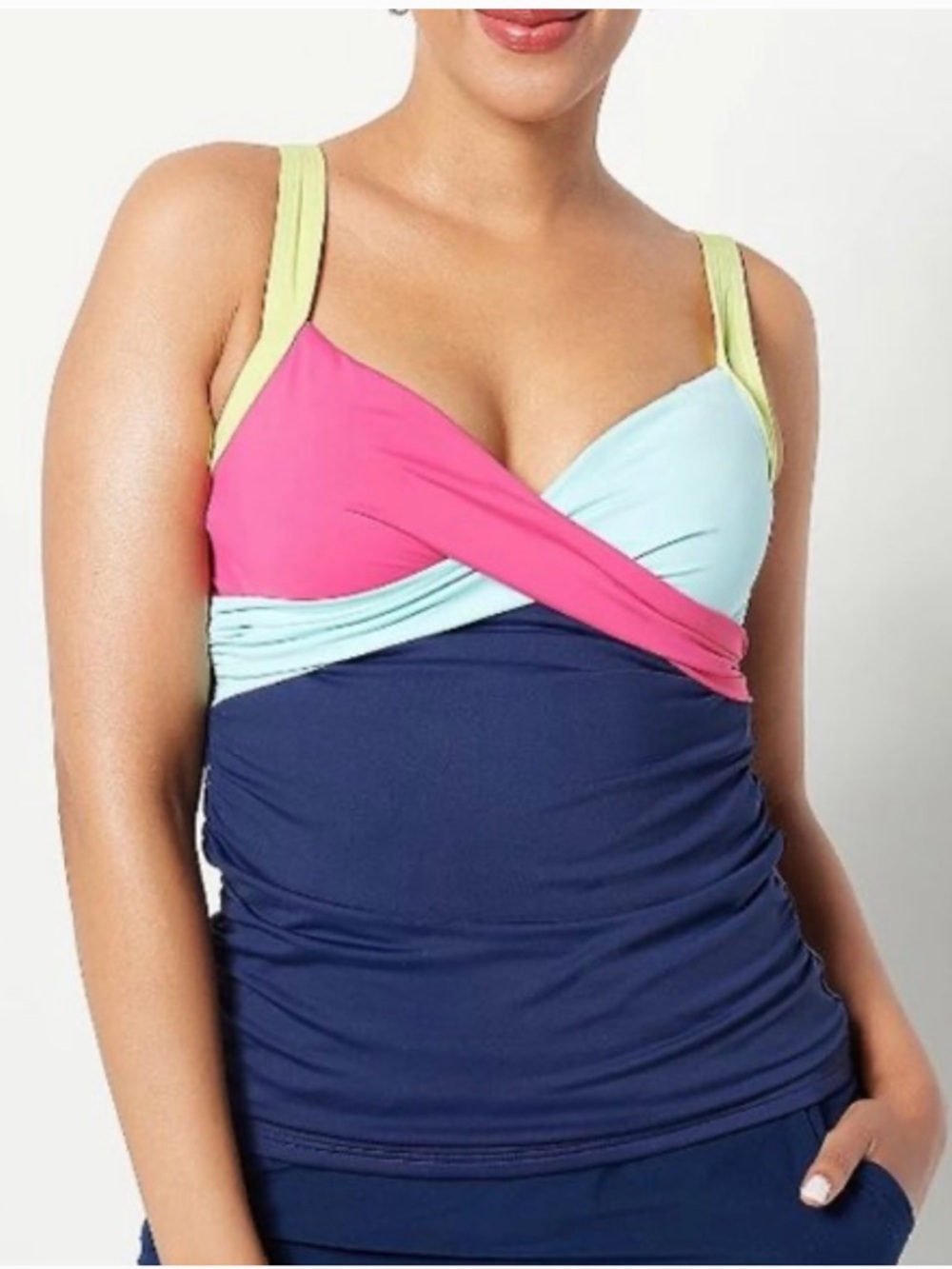 Lands’ End Colorblock Underwire Tankini Top Size 16 Pink Blue Adjustable Straps